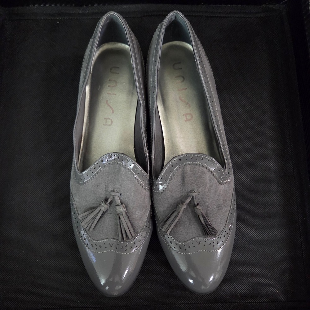 Unisa Gray Tassel Loafers Wingtip Brogue Mixed Media Flats Shoes Womens 8.5M
